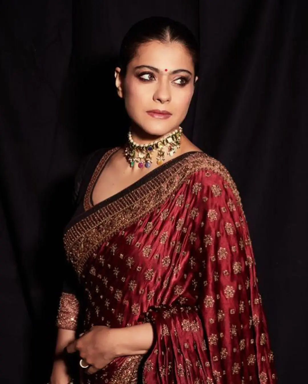 Kajol Devgan Photos In Maroon Saree Blouse